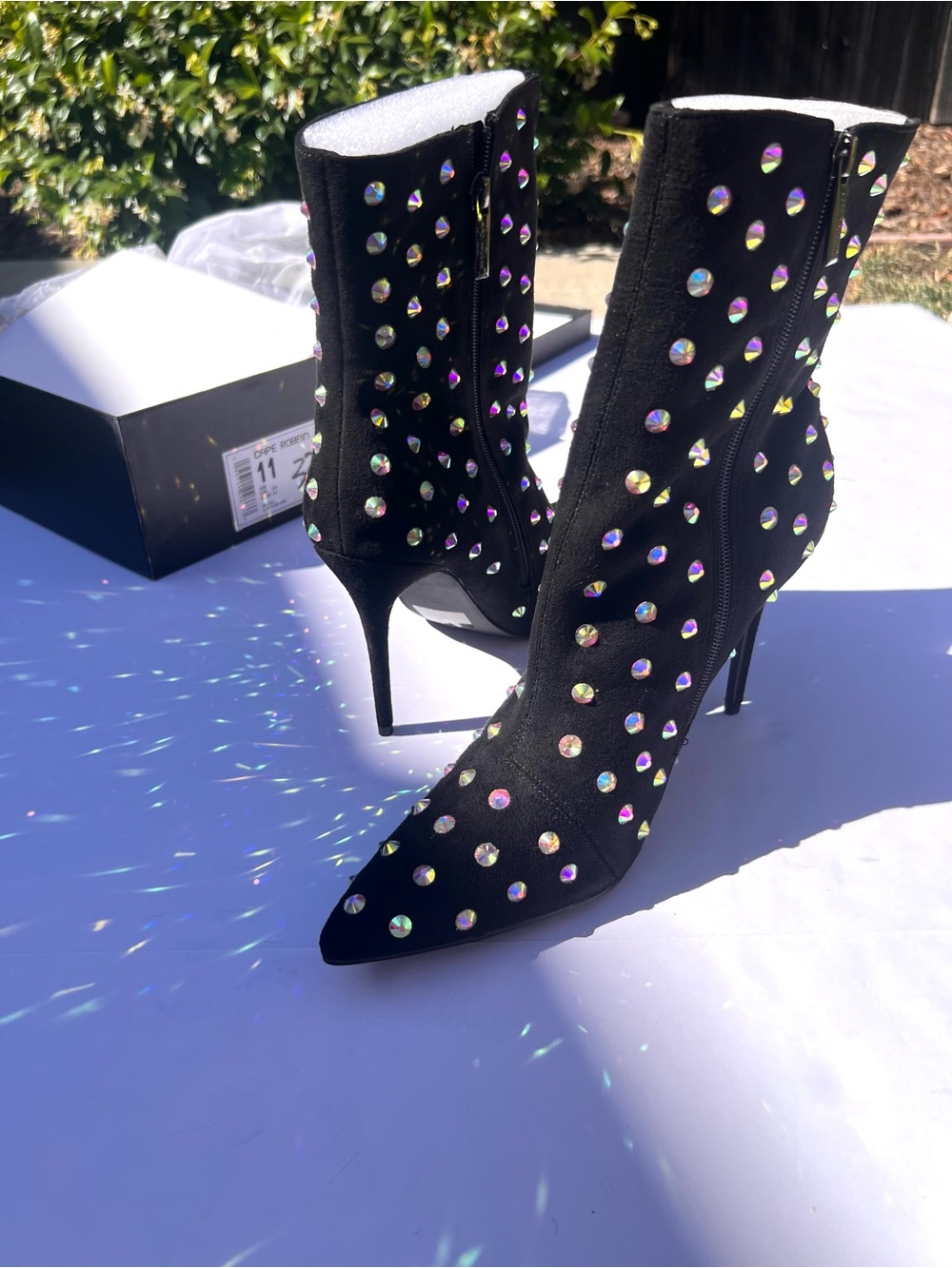 Iridescent Studded Light-Catching Black Stiletto Boots. Suede-Like w/ Rhinestone